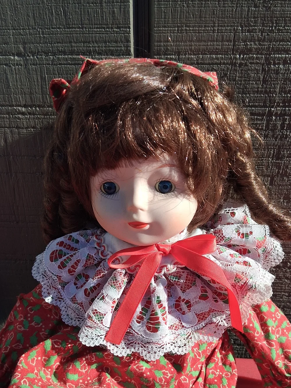 Red Floral Porcelain Doll with Lace Dress
